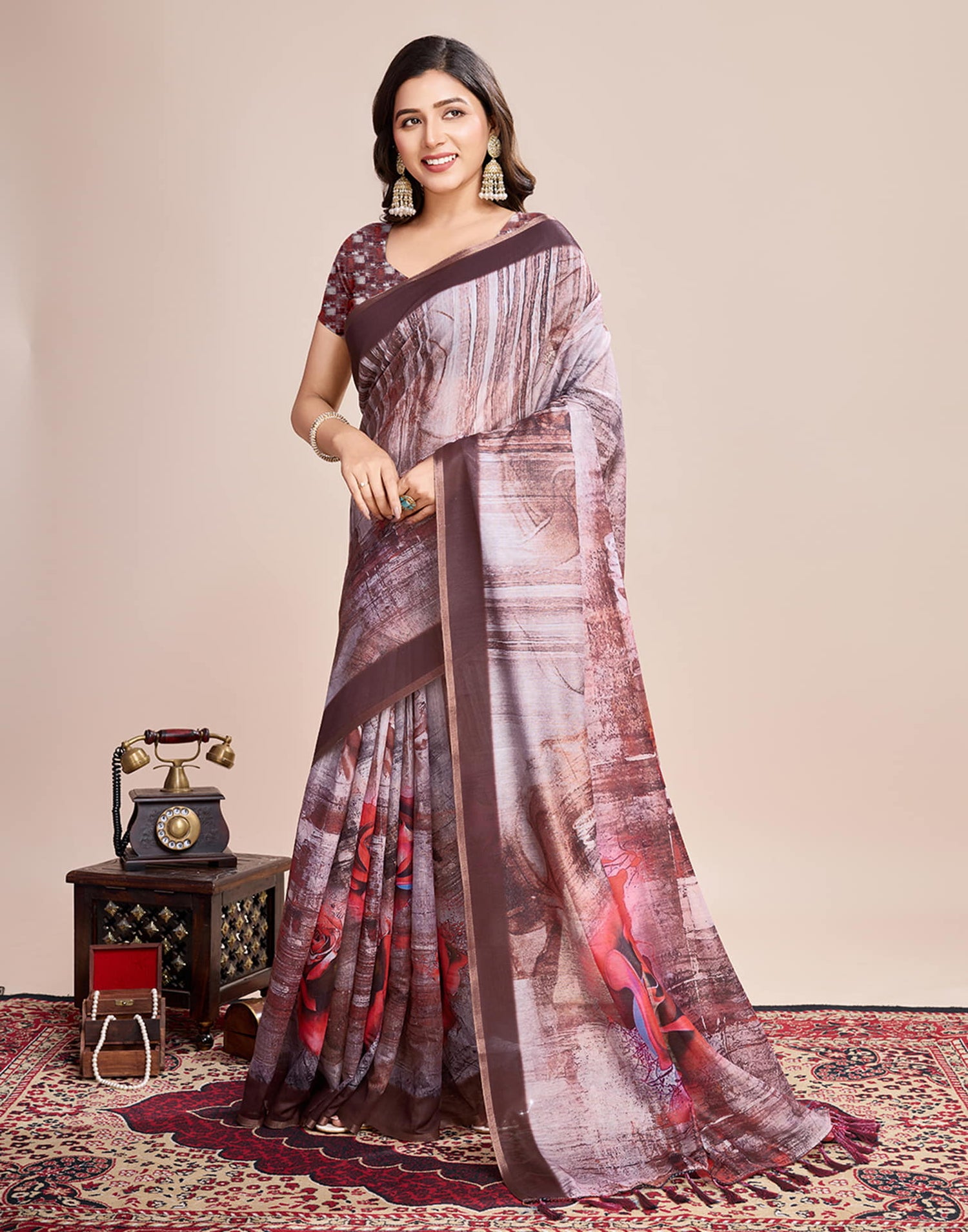 Brown Linen Printed Saree