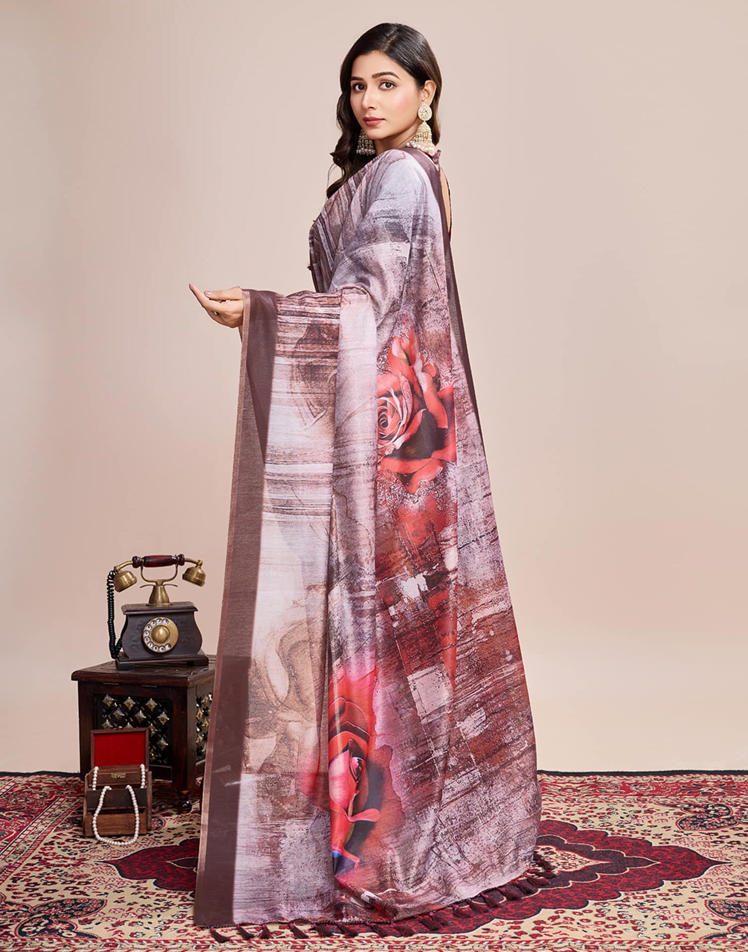 Brown Linen Printed Saree