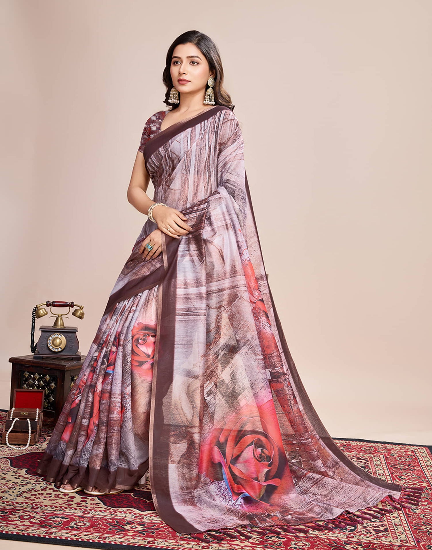 Brown Linen Printed Saree