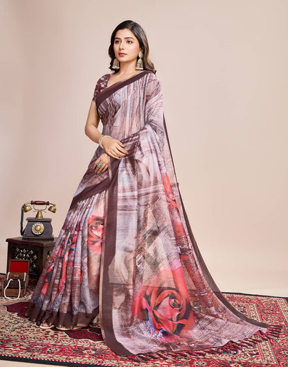 Brown Linen Printed Saree