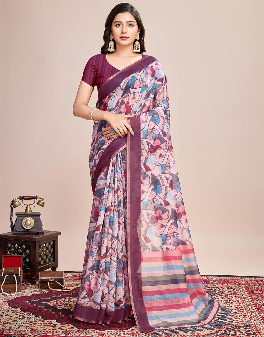 Wine Linen Printed Saree