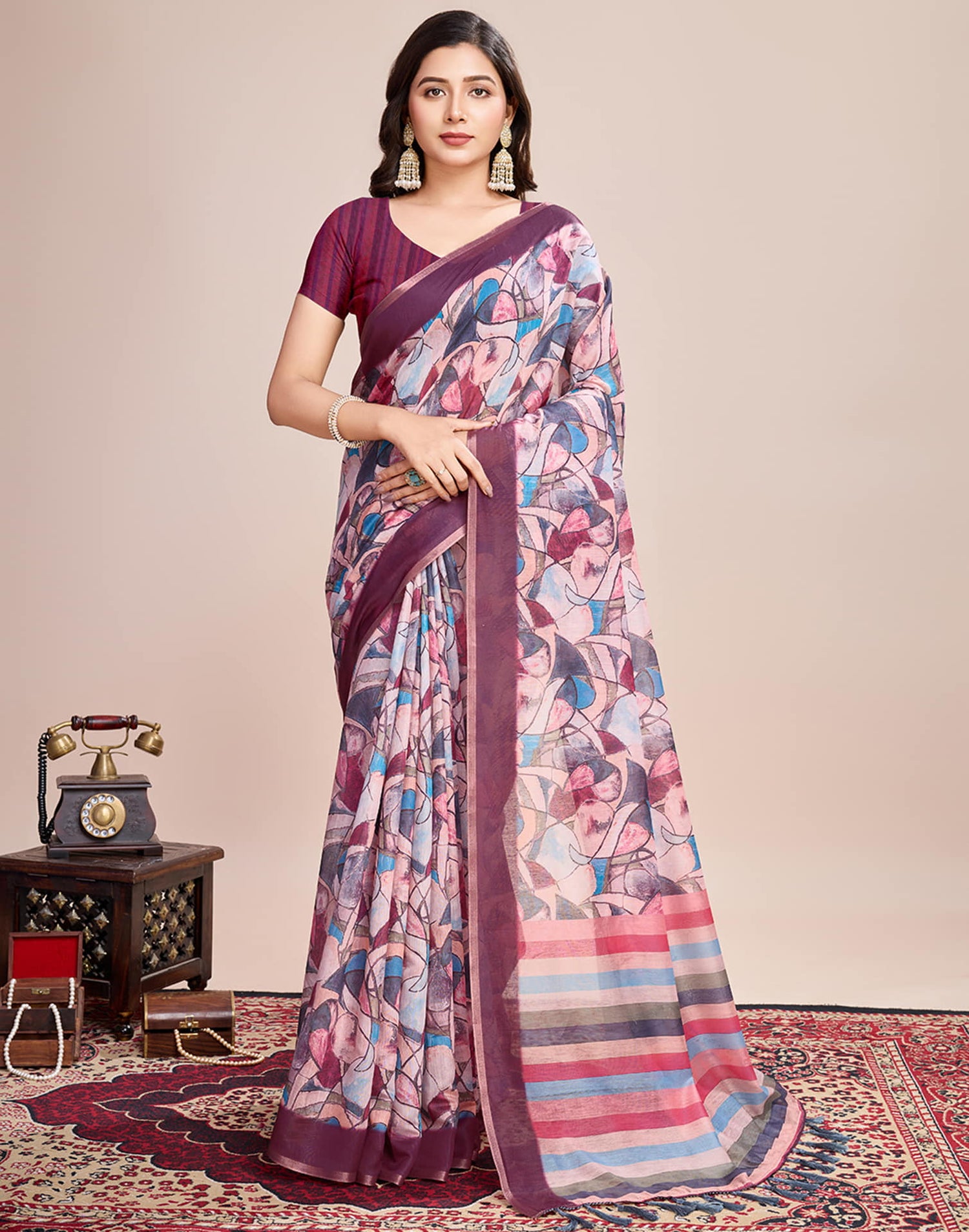 Wine Linen Printed Saree