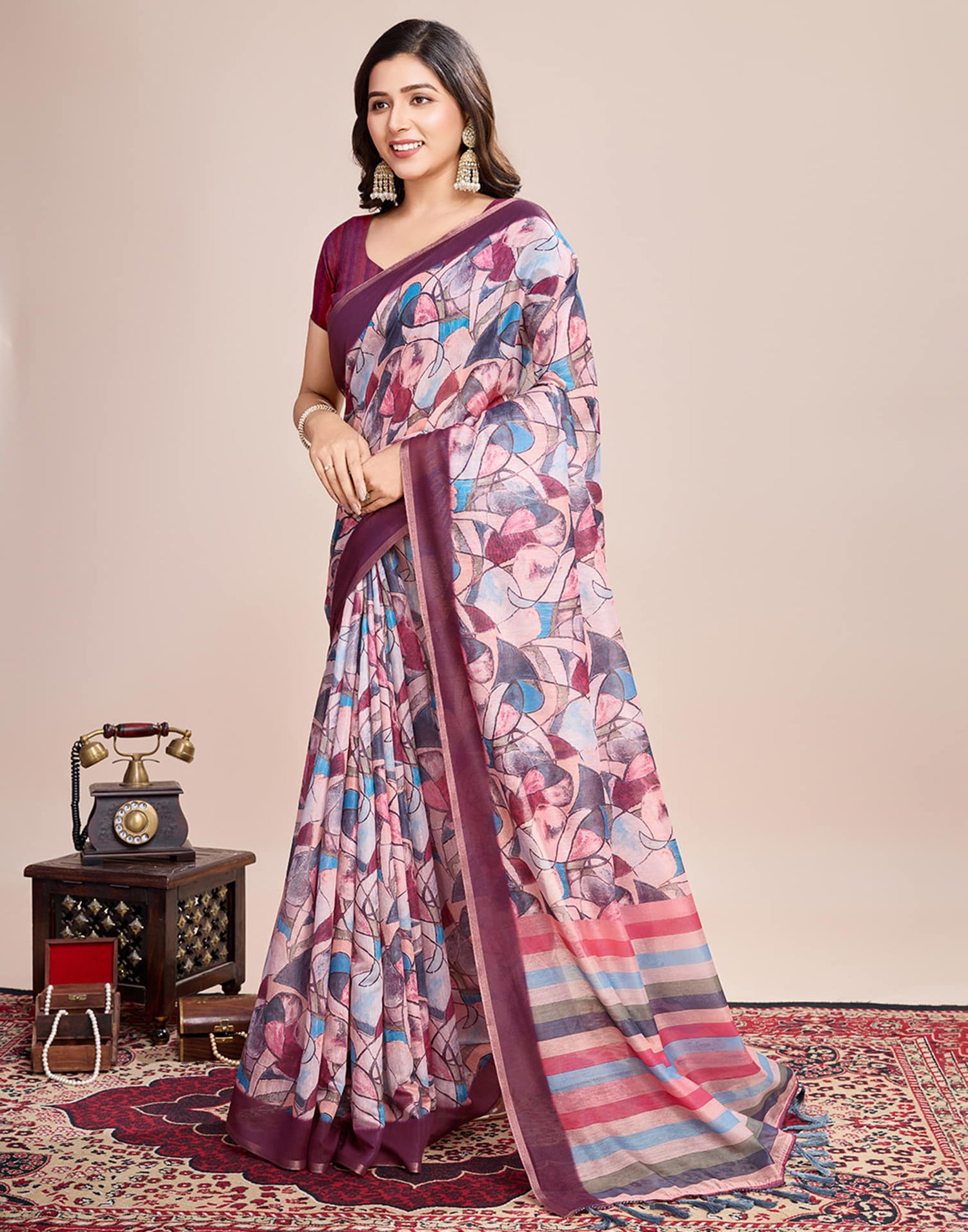 Wine Linen Printed Saree