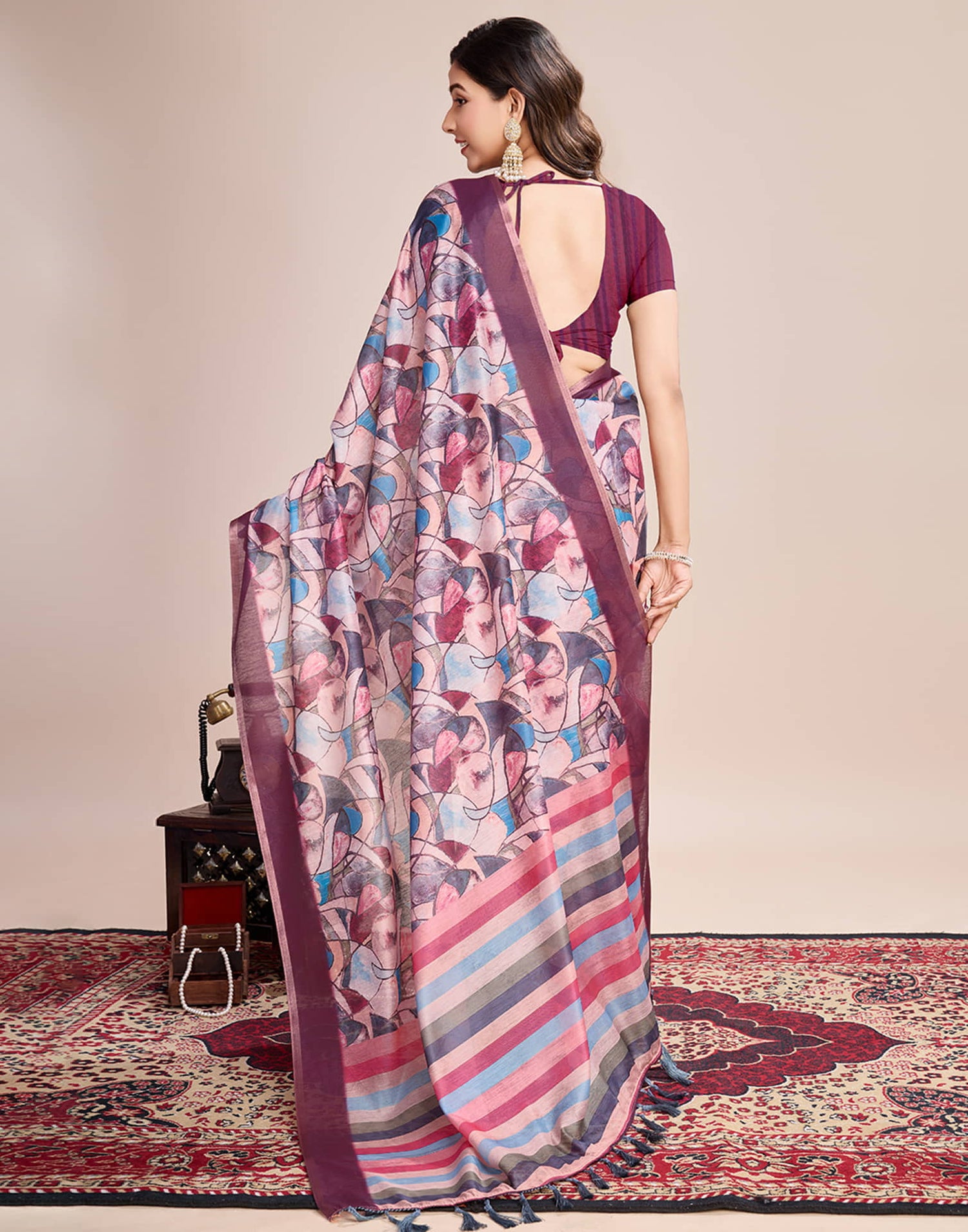 Wine Linen Printed Saree