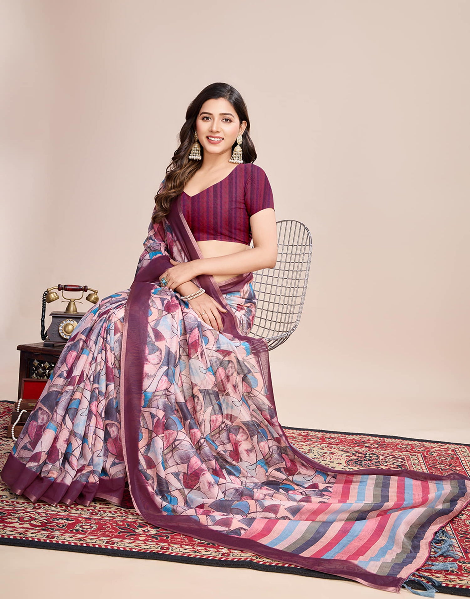 Wine Linen Printed Saree
