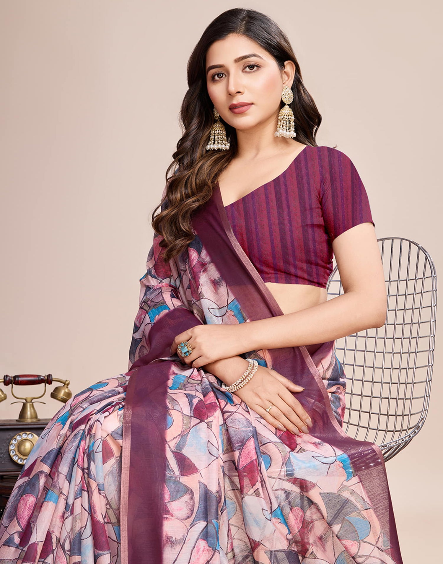 Wine Linen Printed Saree