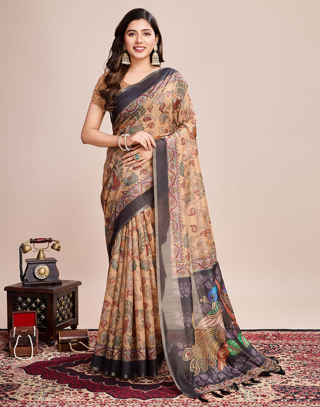 Sand Brown Linen Printed Saree