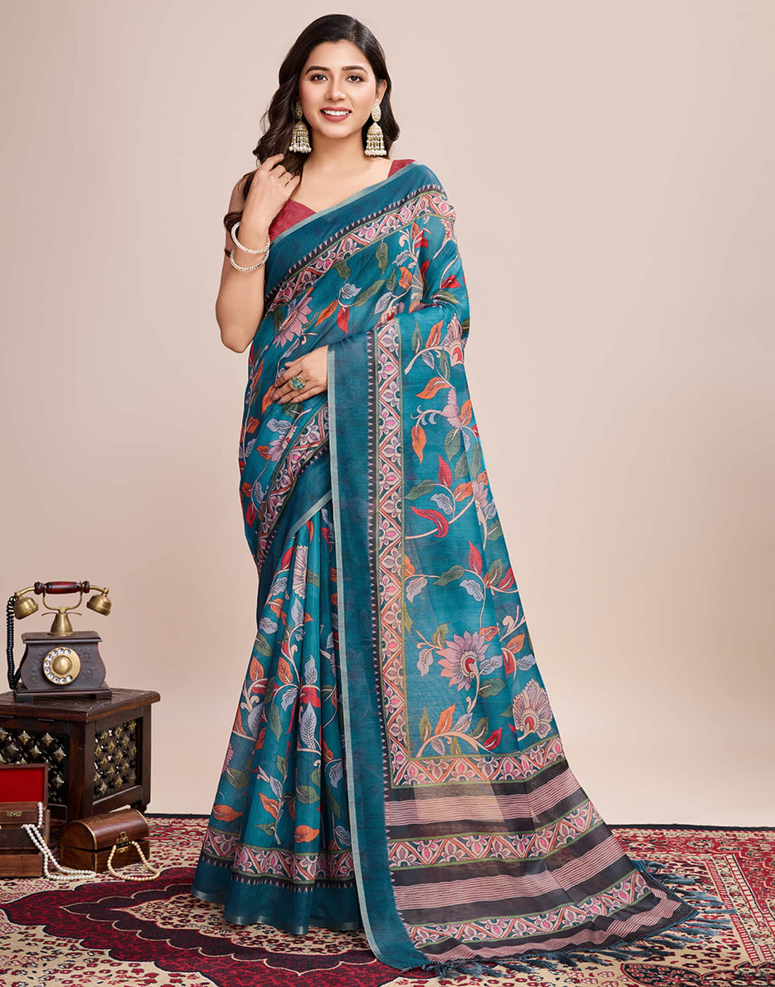 Teal Blue Linen Printed Saree