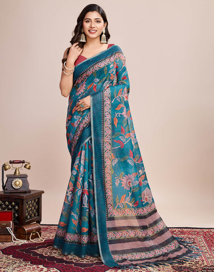 Teal Blue Linen Printed Saree