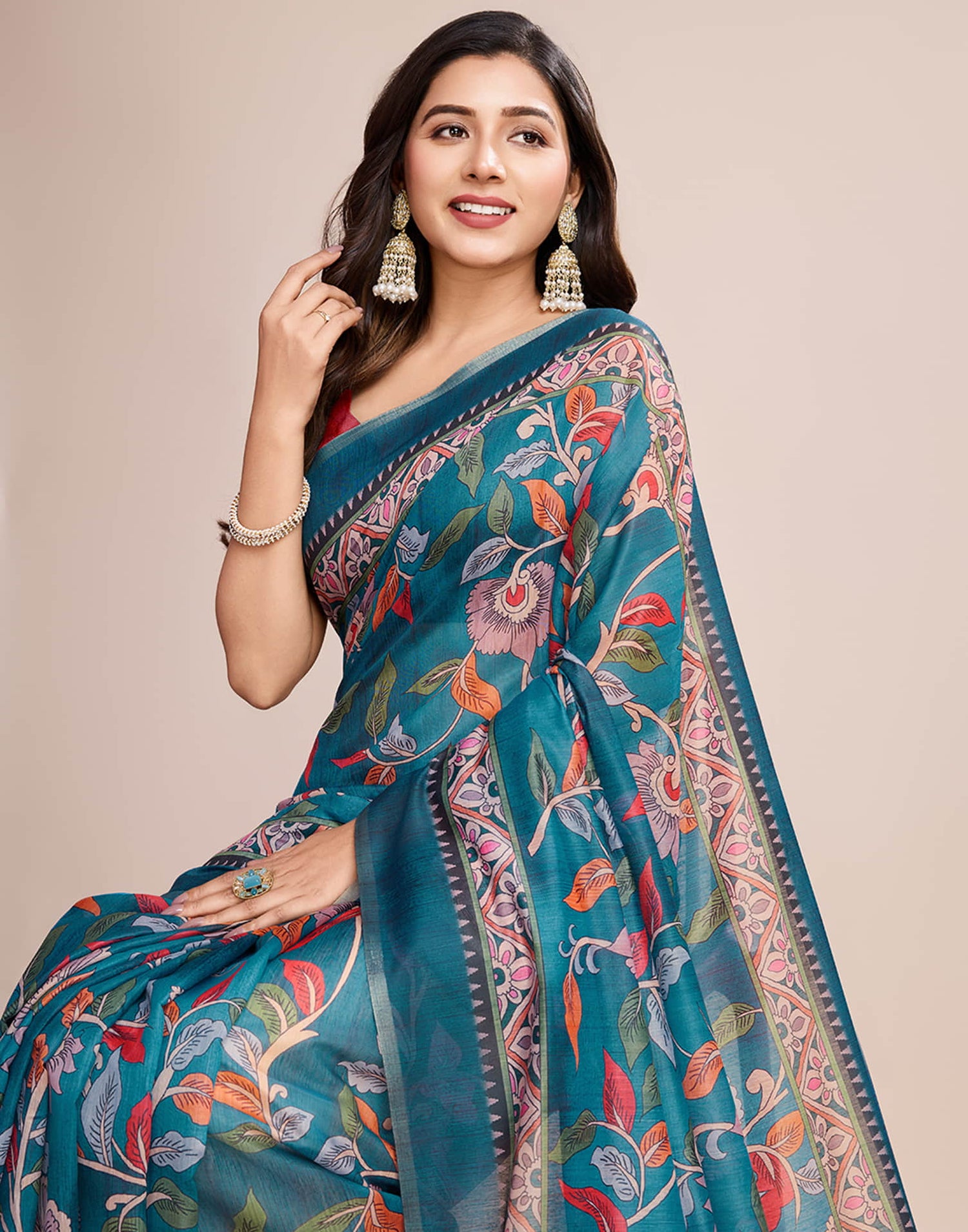 Teal Blue Linen Printed Saree