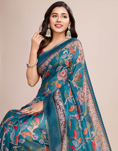 Teal Blue Linen Printed Saree
