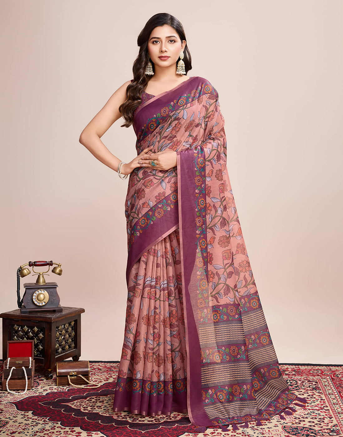Dusty Pink Linen Printed Saree