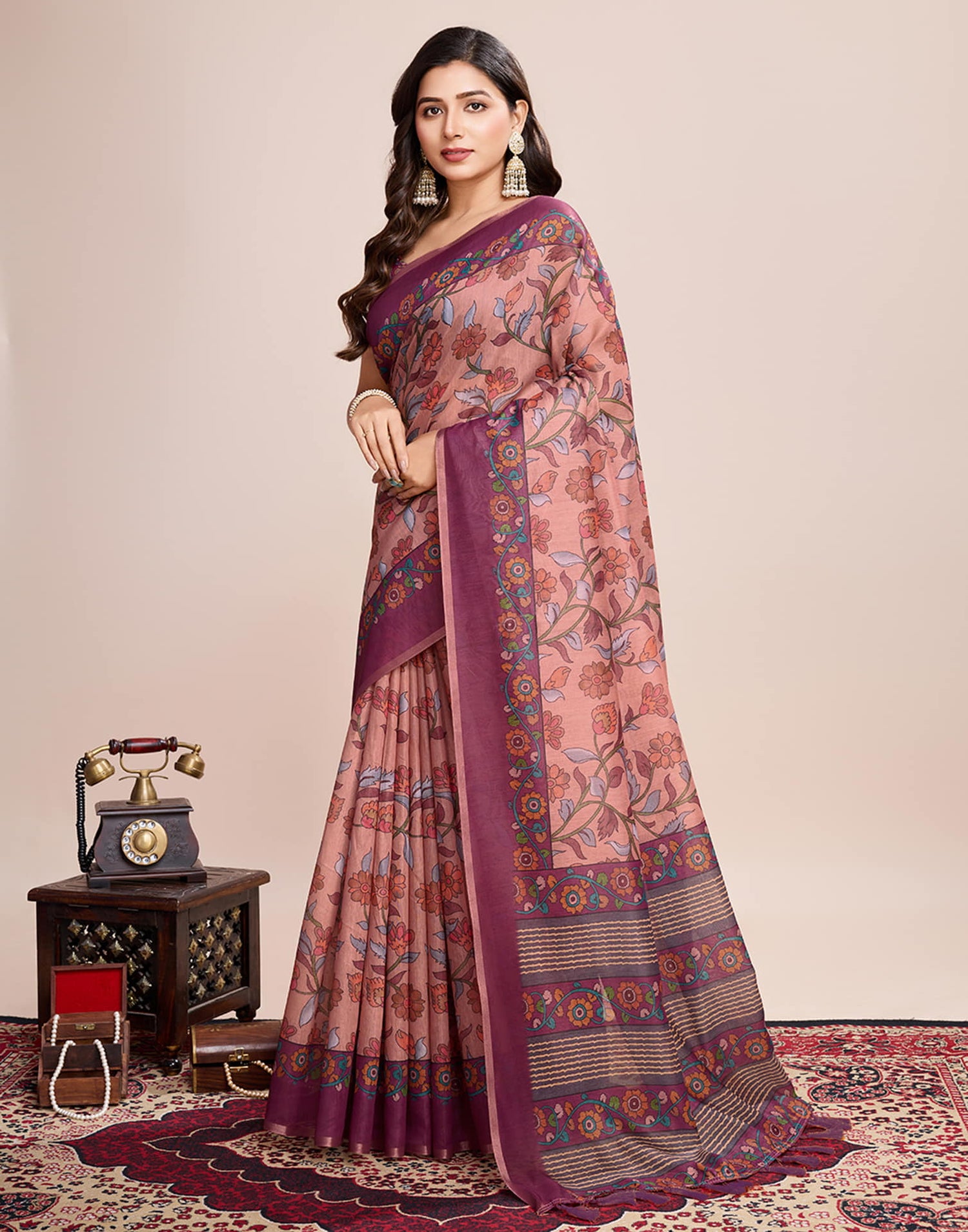 Dusty Pink Linen Printed Saree