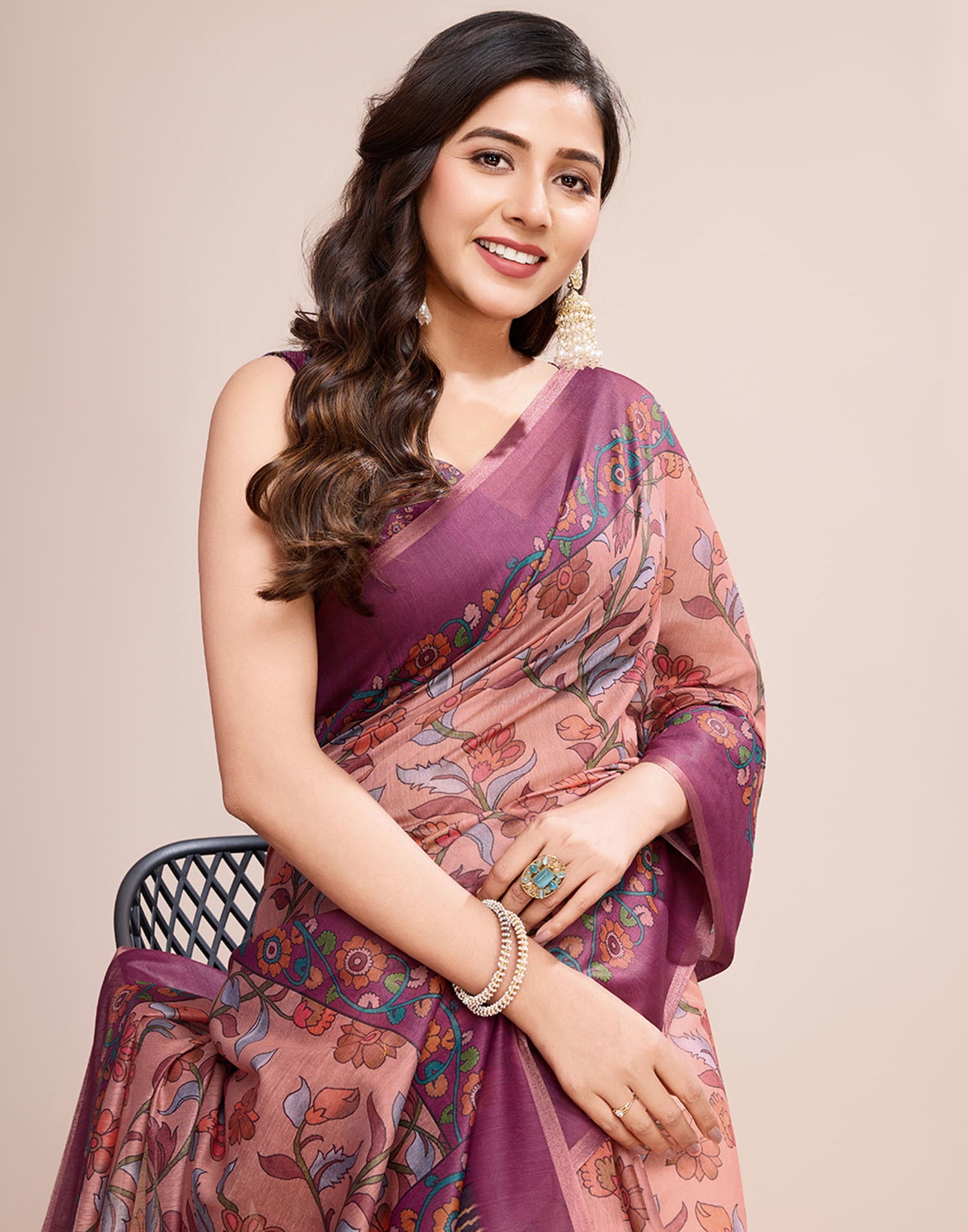 Dusty Pink Linen Printed Saree