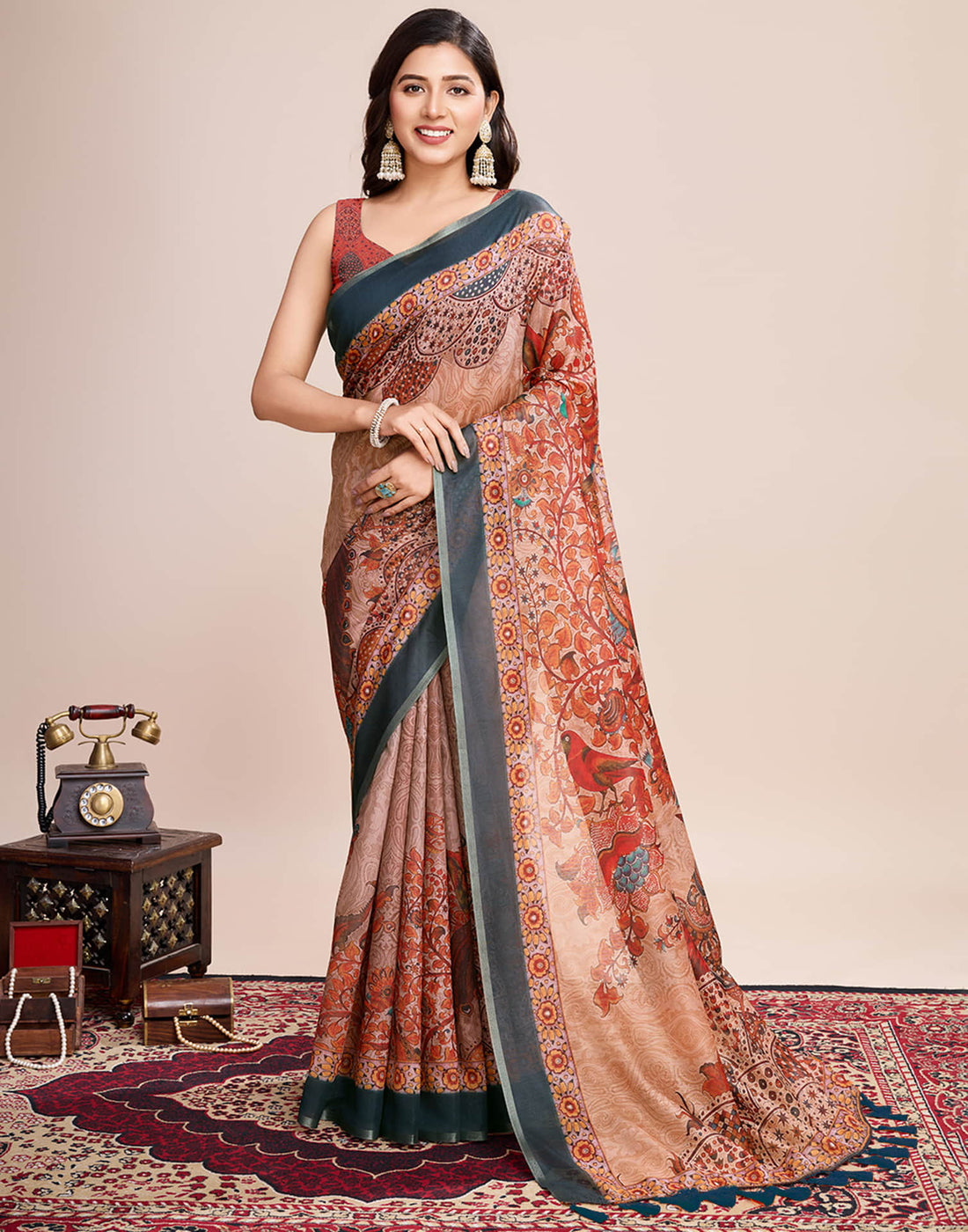 Dark Peach Linen Printed Saree