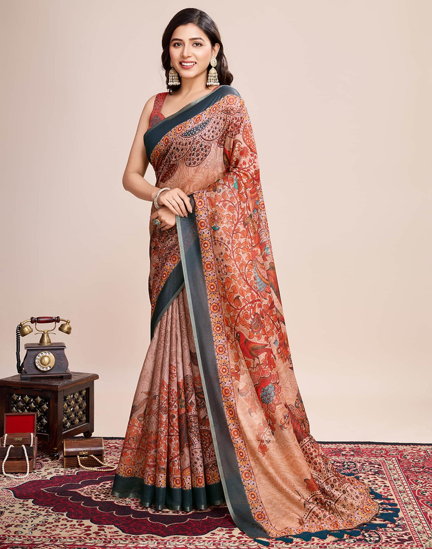 Dark Peach Linen Printed Saree