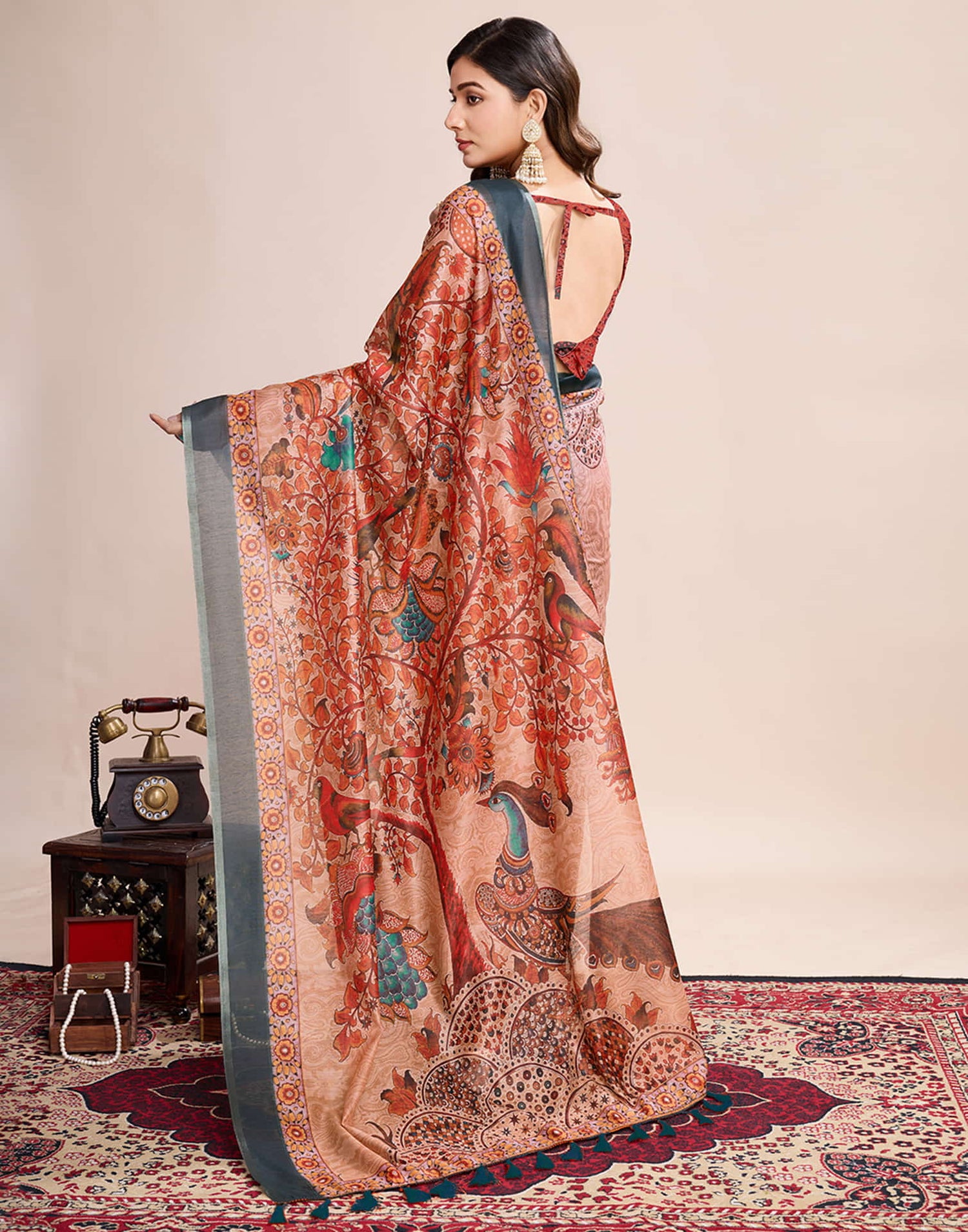Dark Peach Linen Printed Saree