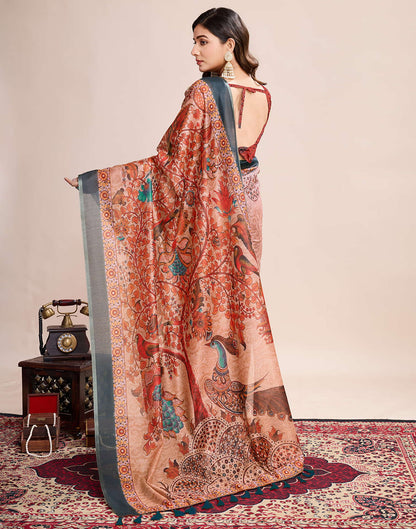Dark Peach Linen Printed Saree