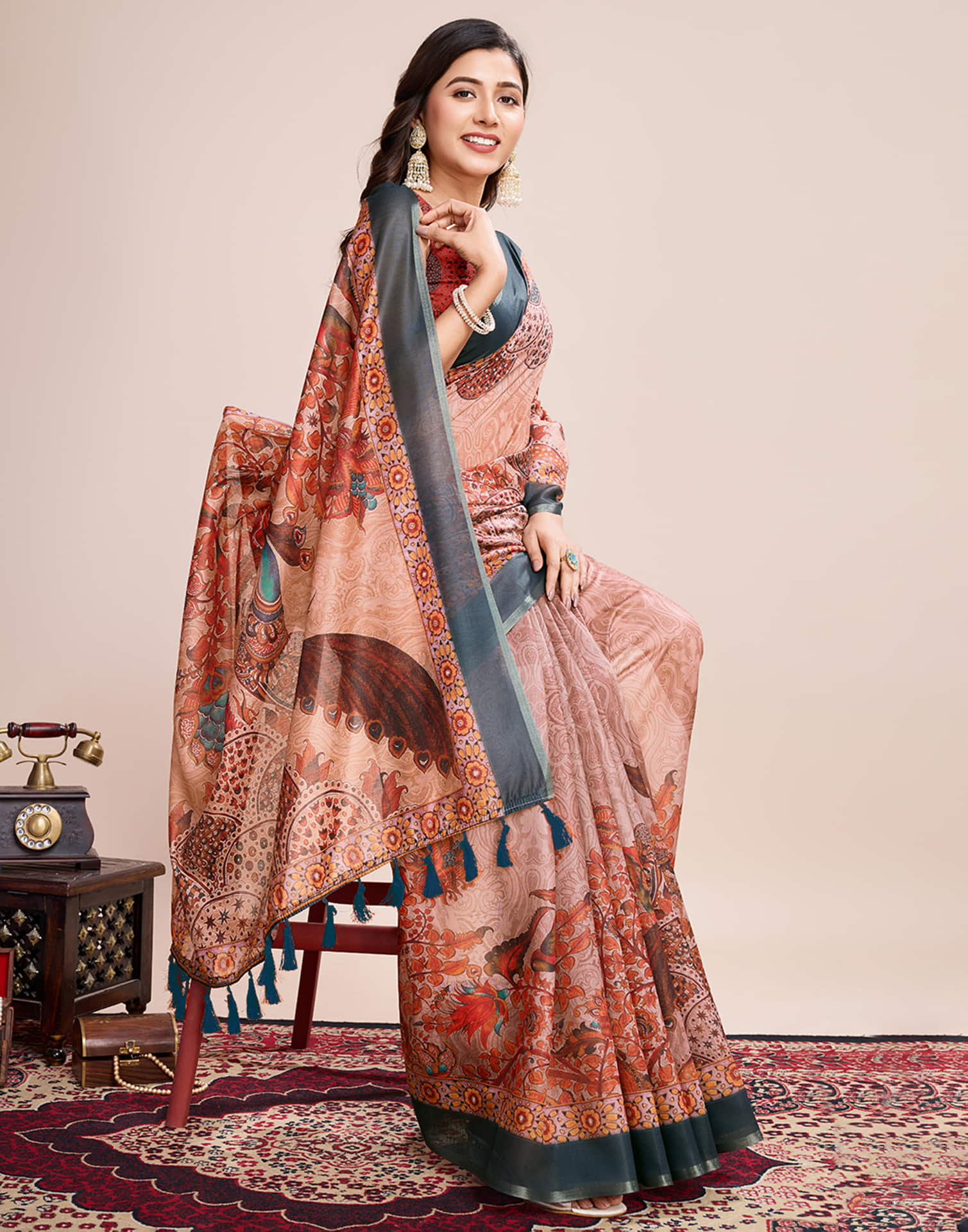Dark Peach Linen Printed Saree