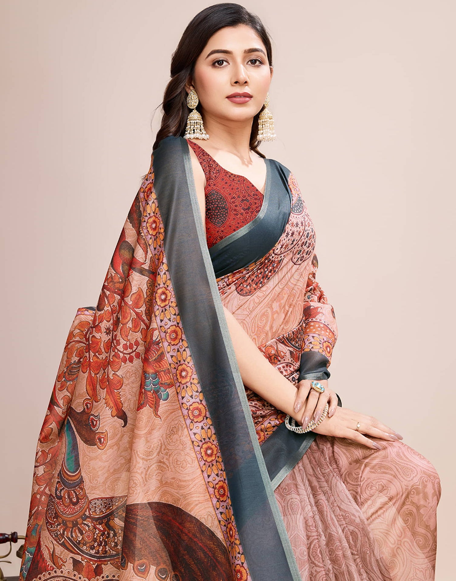 Dark Peach Linen Printed Saree