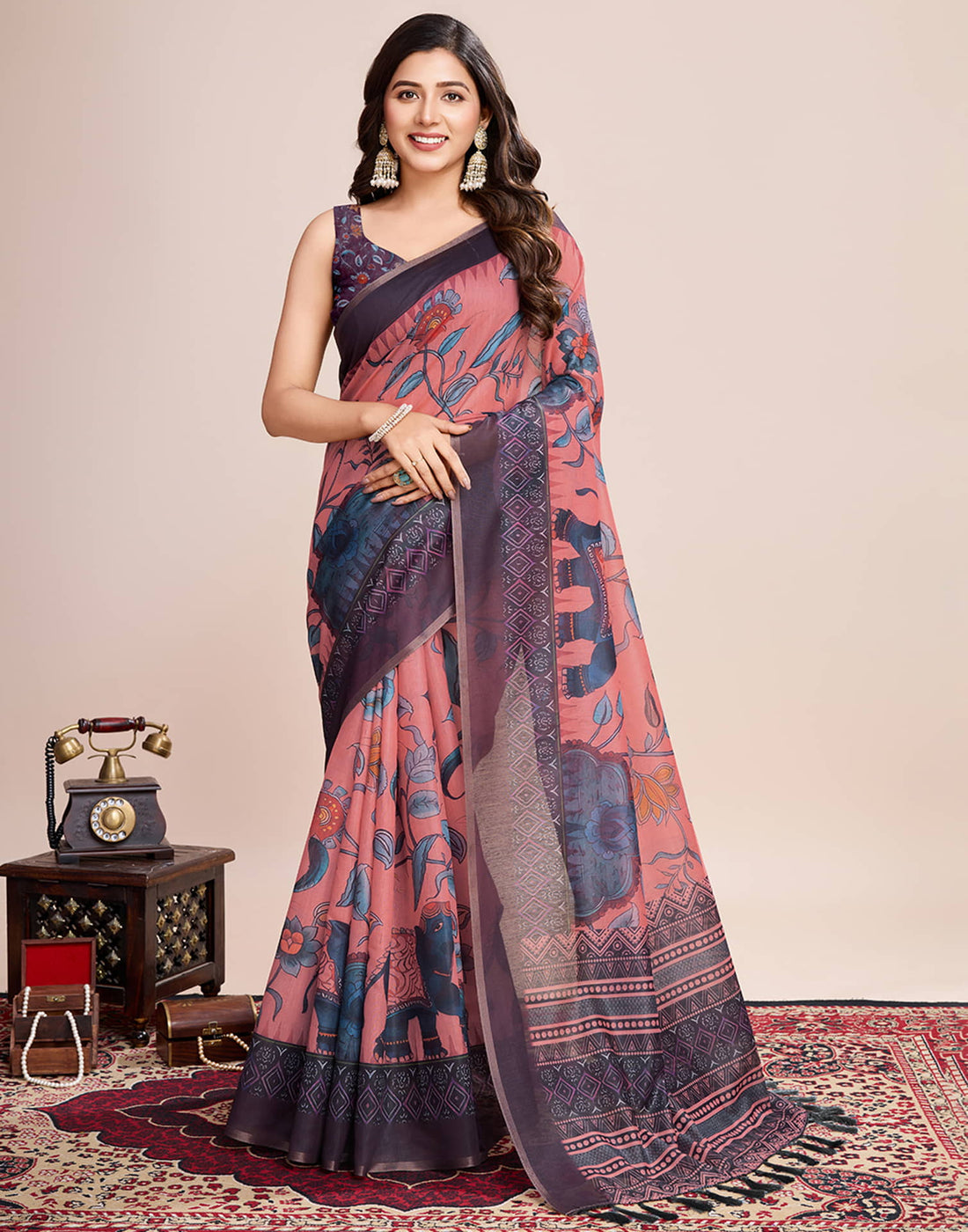 Rose Pink Linen Printed Saree
