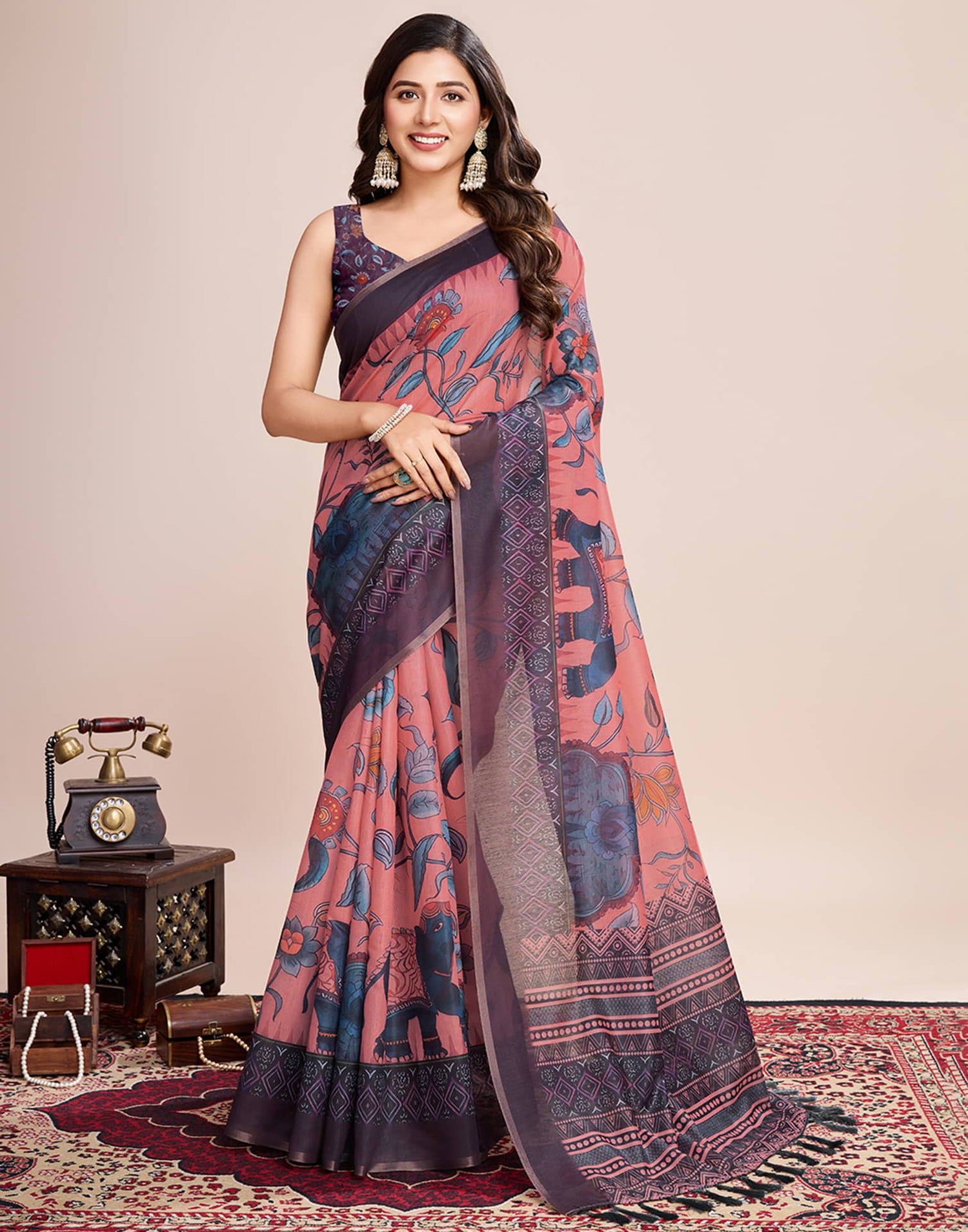 Rose Pink Linen Printed Saree
