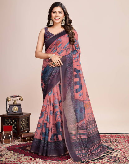 Rose Pink Linen Printed Saree