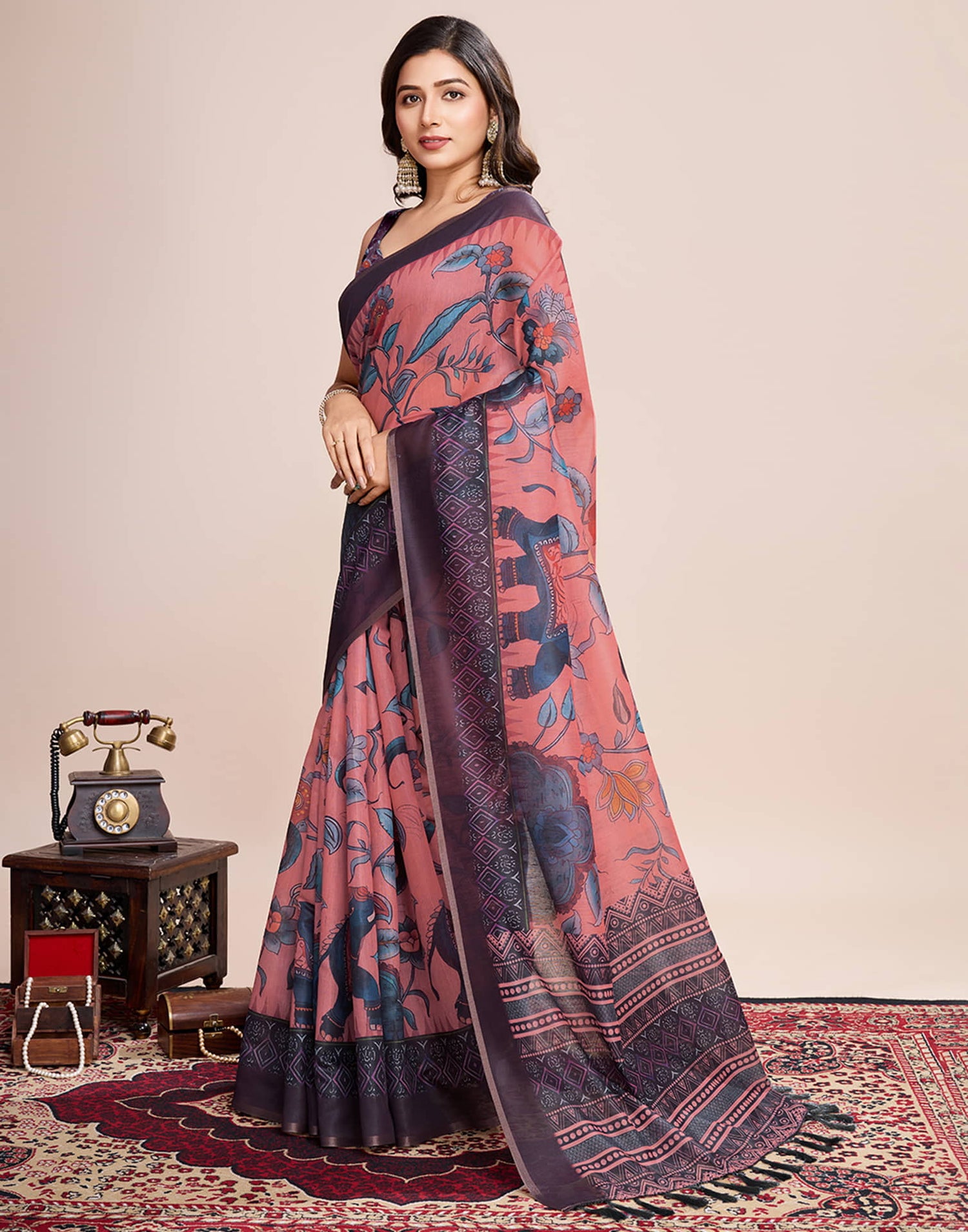 Rose Pink Linen Printed Saree