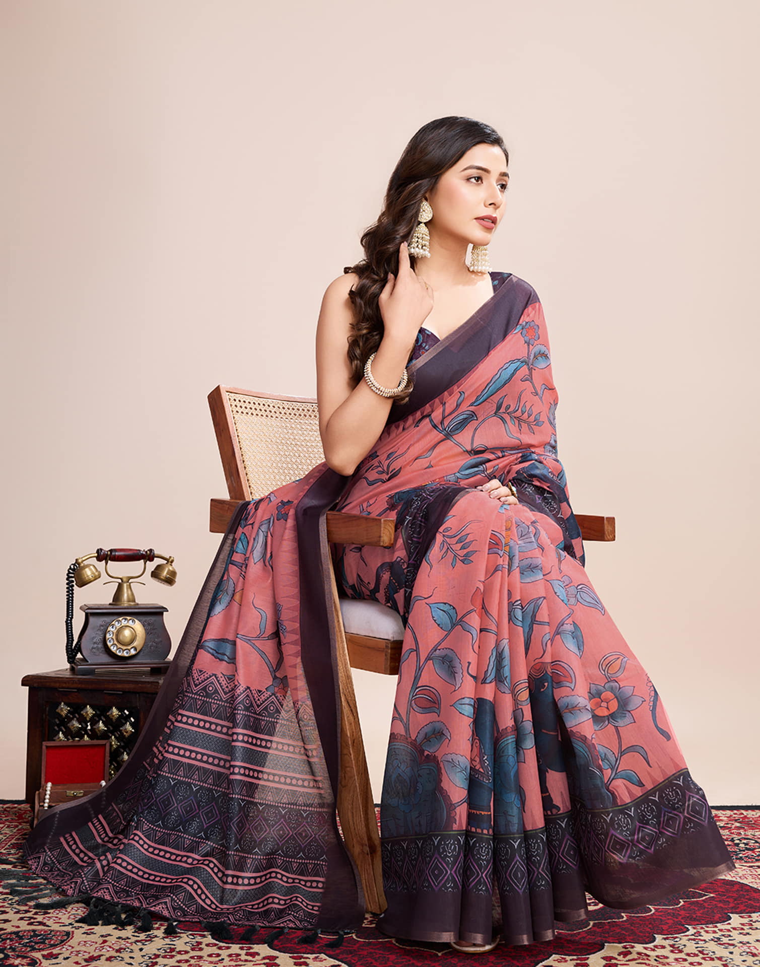 Rose Pink Linen Printed Saree