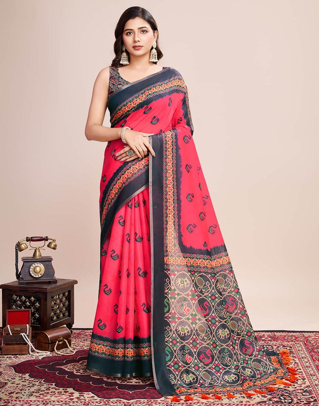 Red Linen Printed Saree