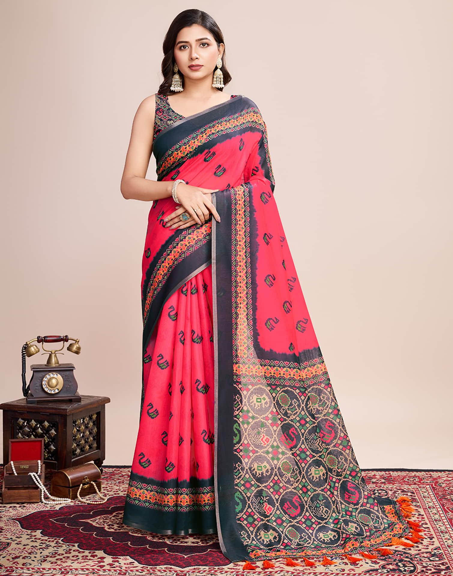 Red Linen Printed Saree