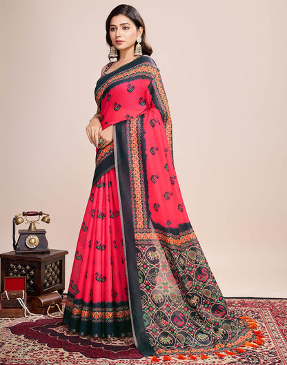 Red Linen Printed Saree
