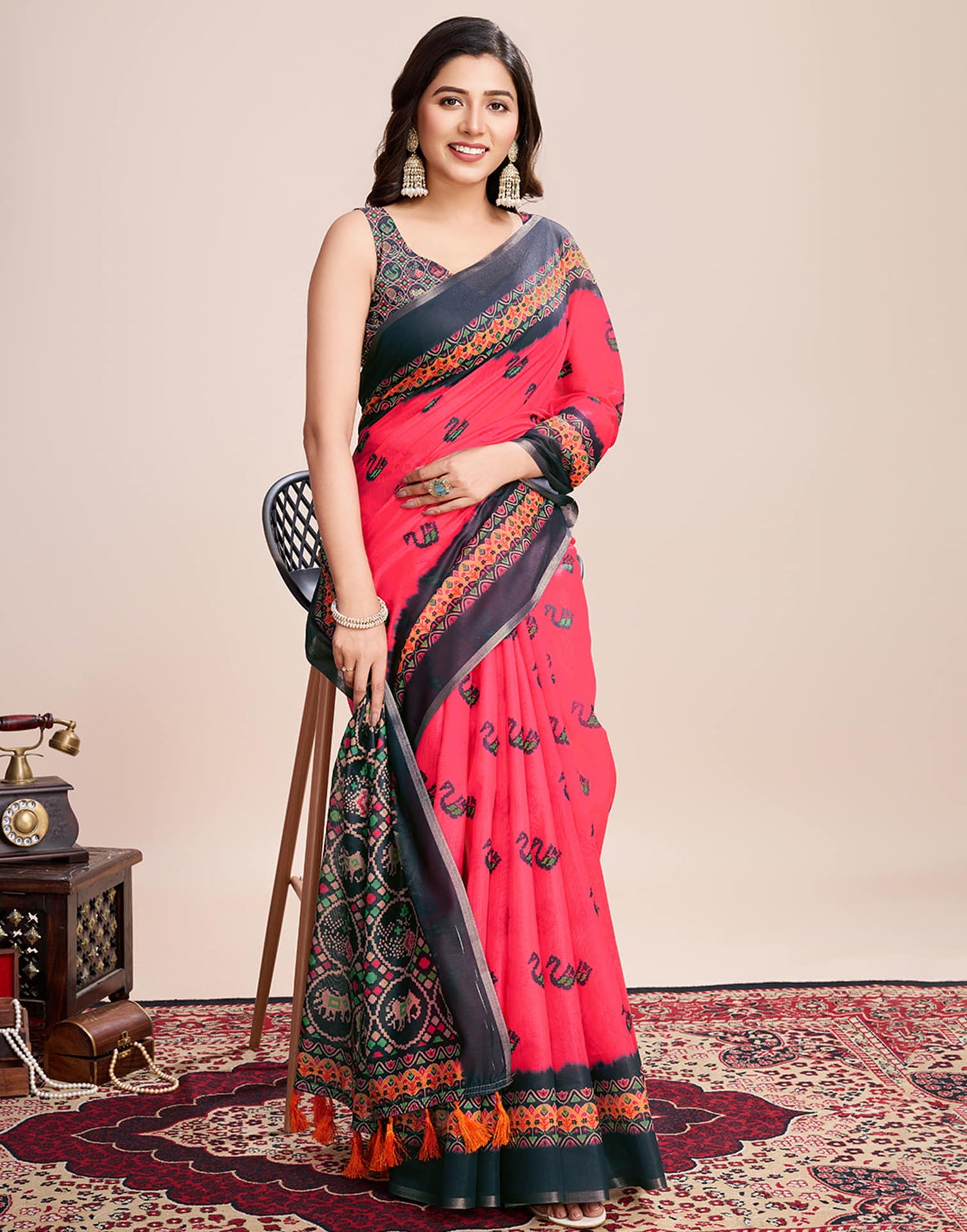 Red Linen Printed Saree