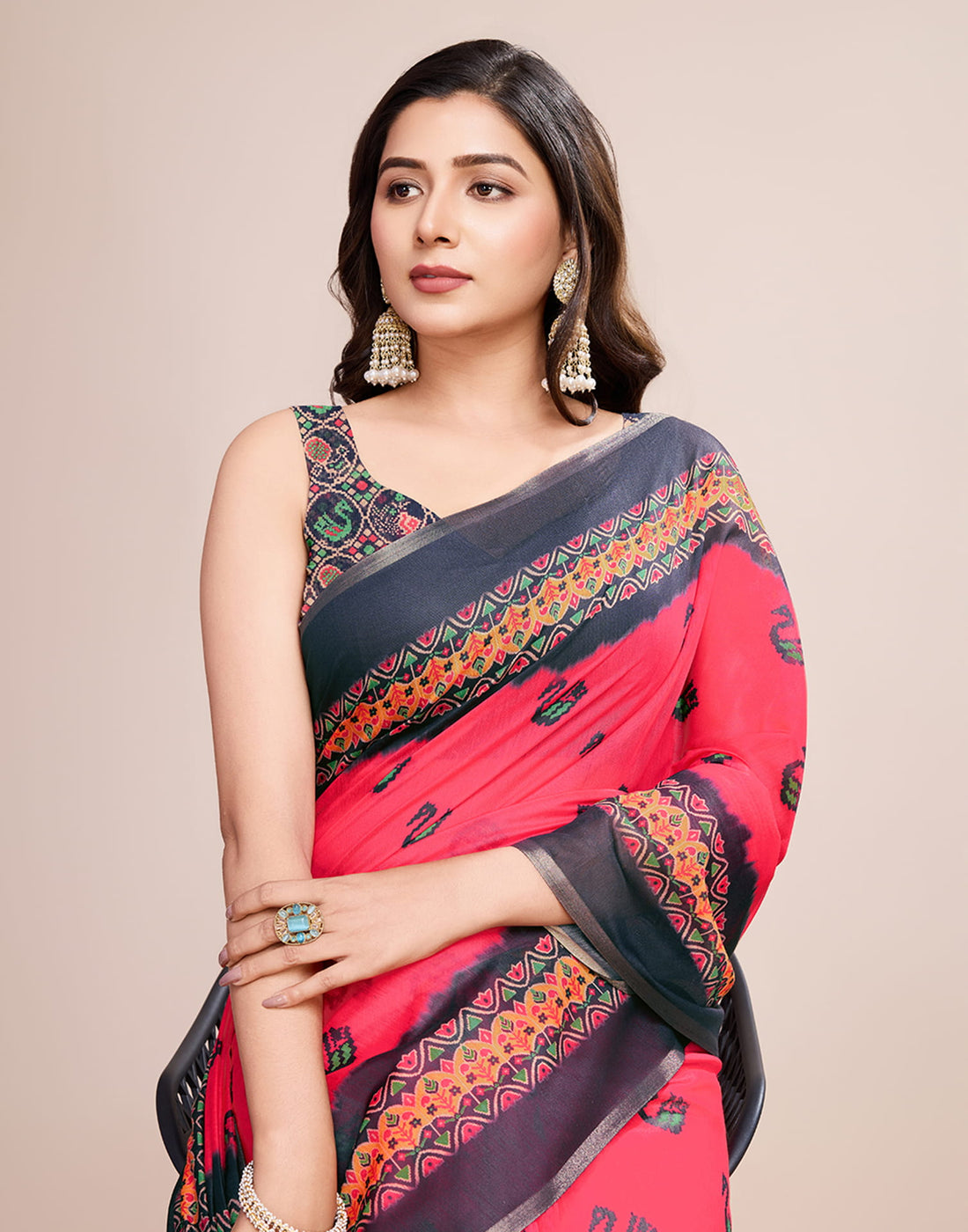 Red Linen Printed Saree
