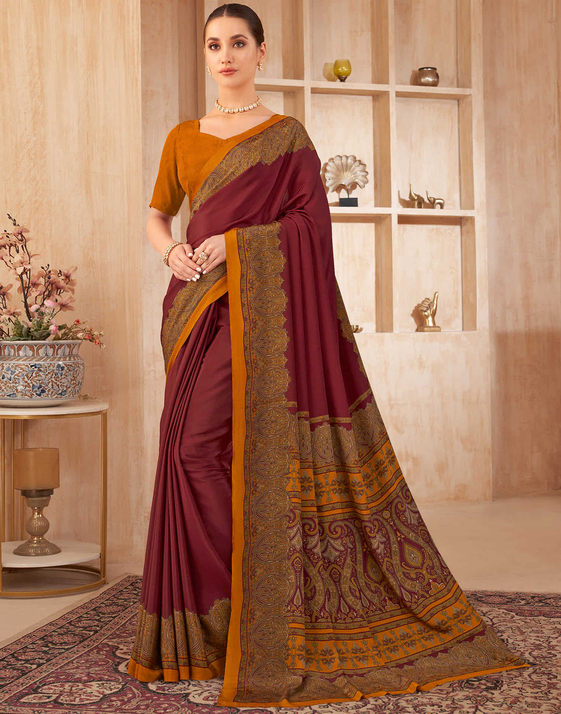 Maroon Silk Printed Saree
