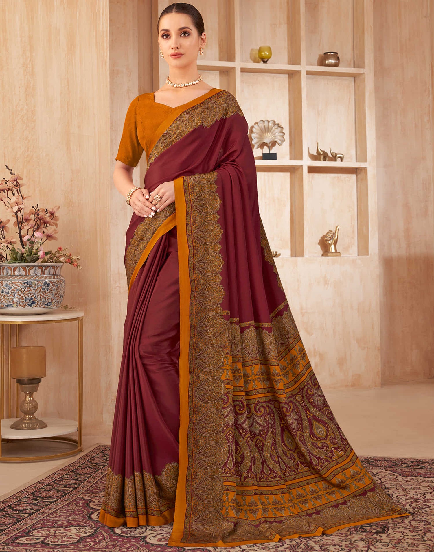 Maroon Silk Printed Saree