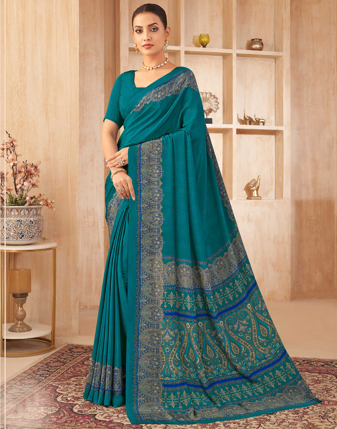 Teal Blue Silk Printed Saree