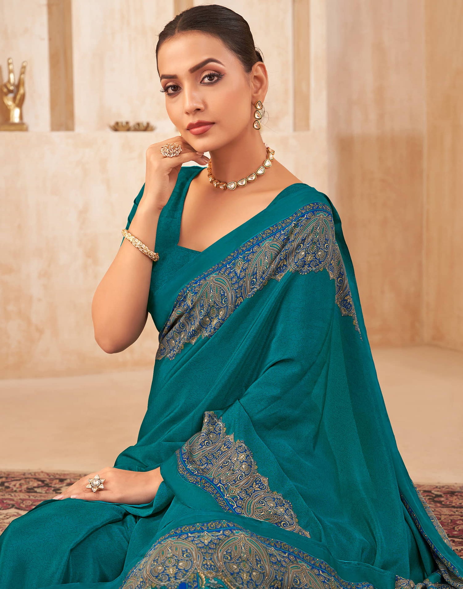 Teal Blue Silk Printed Saree