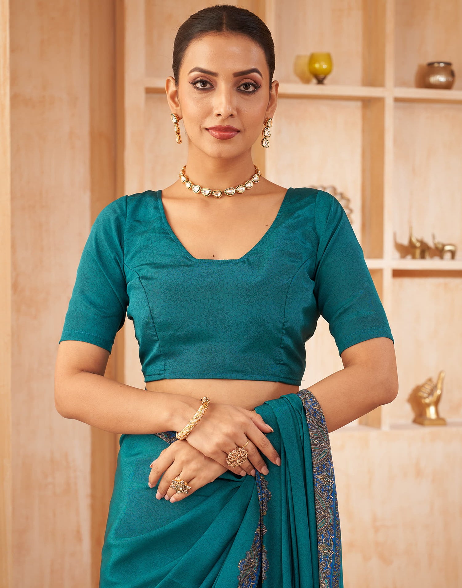 Teal Blue Silk Printed Saree