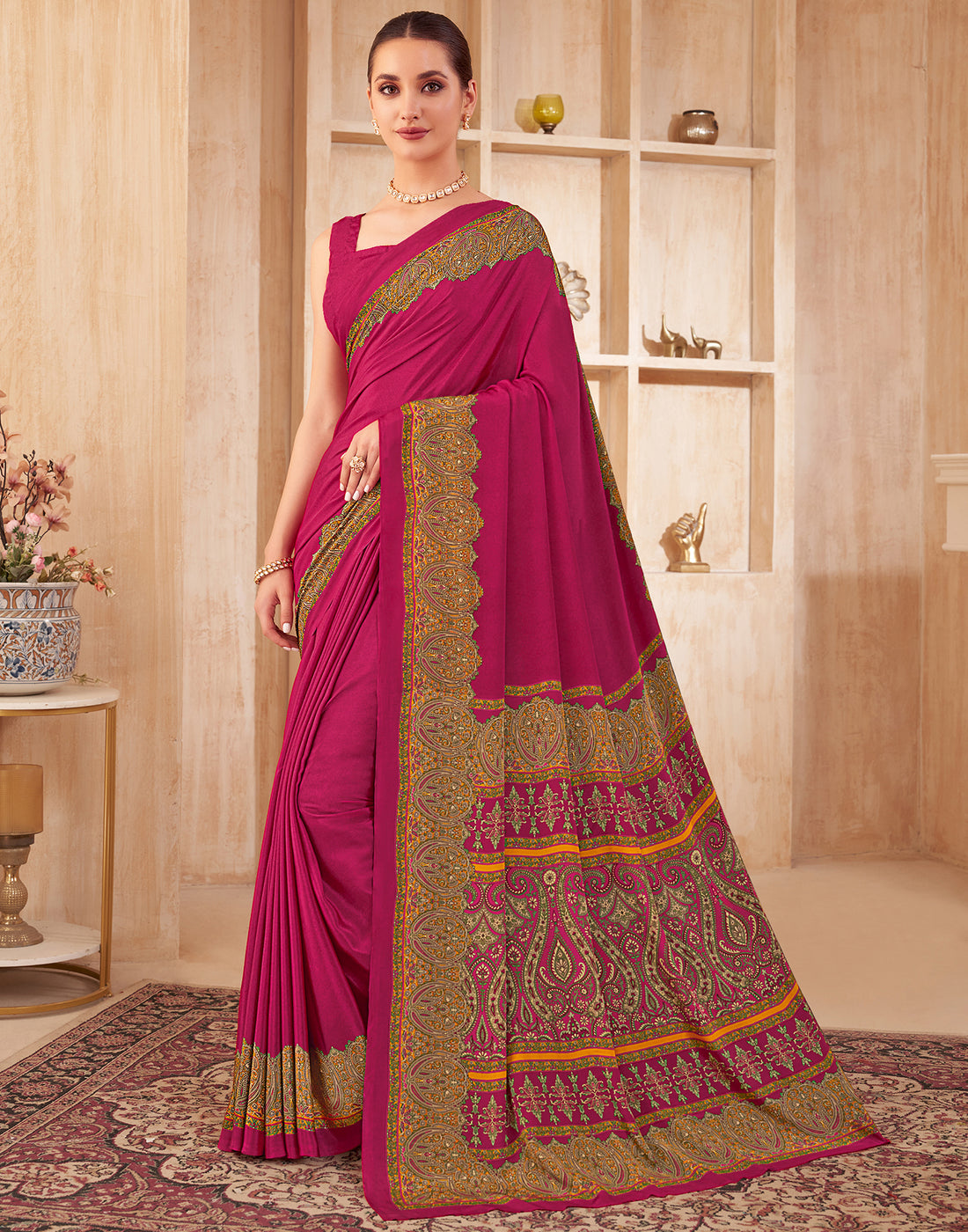 Rani Pink Silk Printed Saree