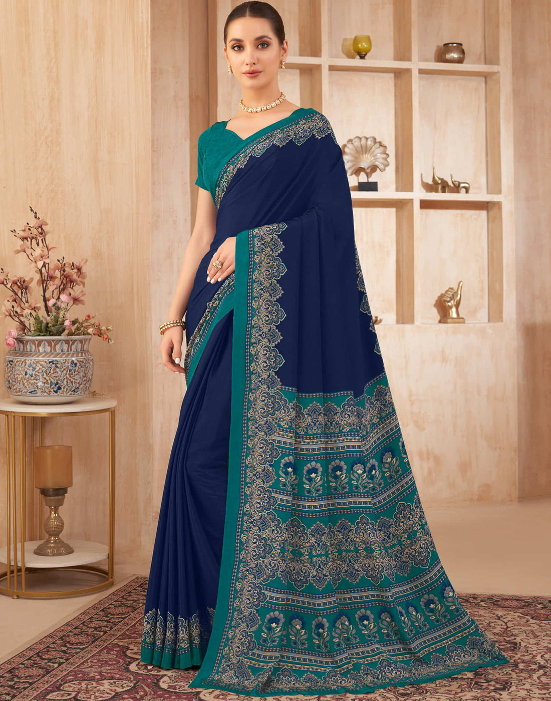 Navy Blue Silk Printed Saree