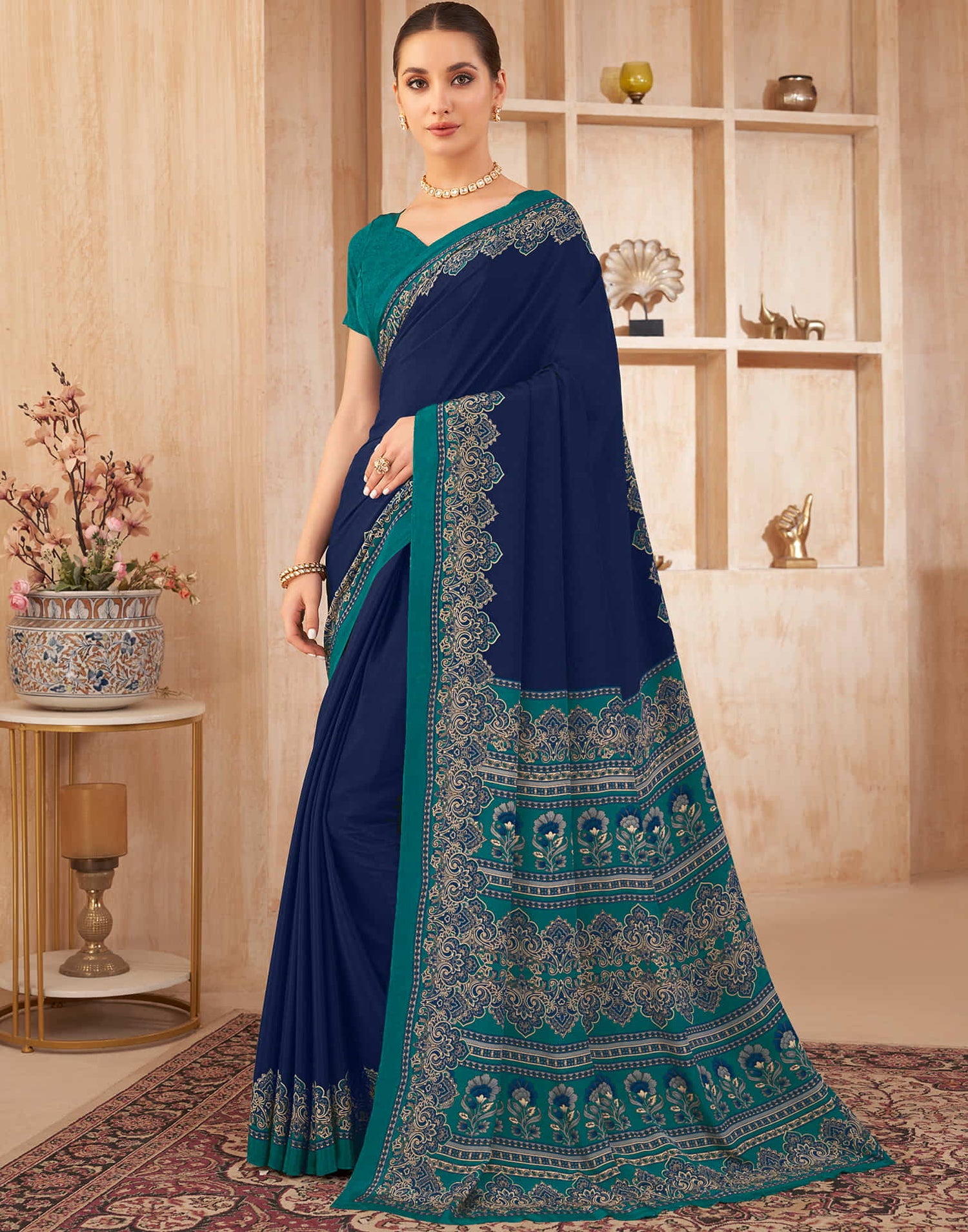 Navy Blue Silk Printed Saree