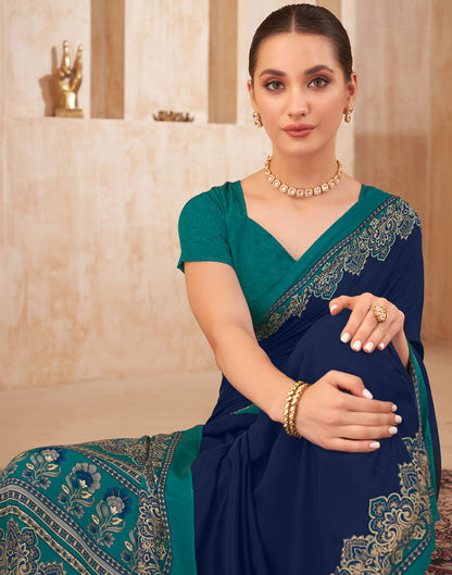 Navy Blue Silk Printed Saree