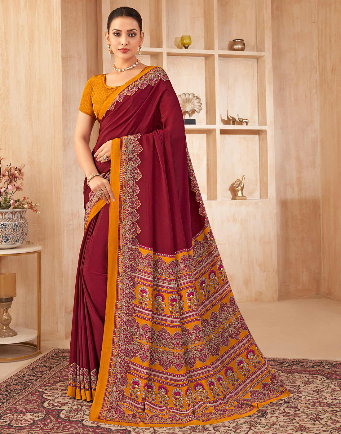 Maroon Silk Printed Saree
