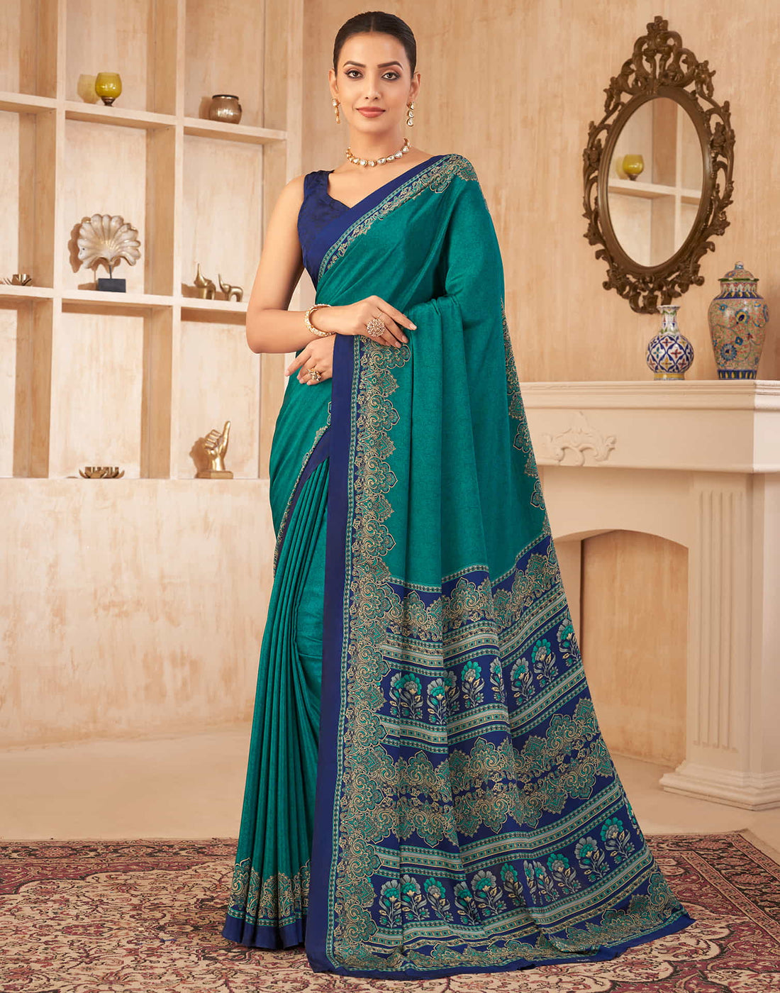 Teal Blue Silk Printed Saree