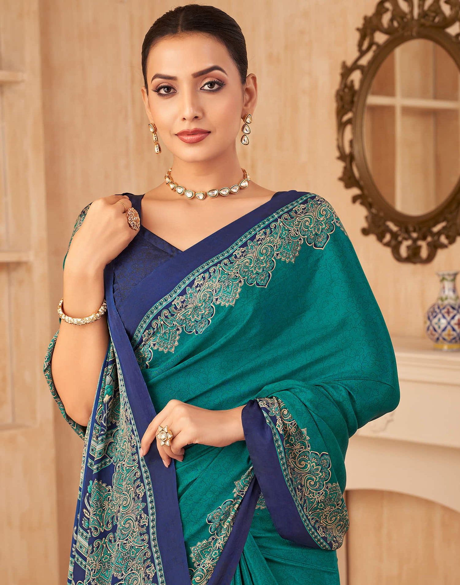 Teal Blue Silk Printed Saree