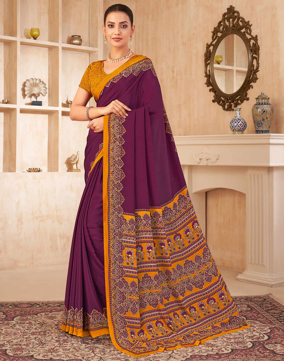 Wine Silk Printed Saree