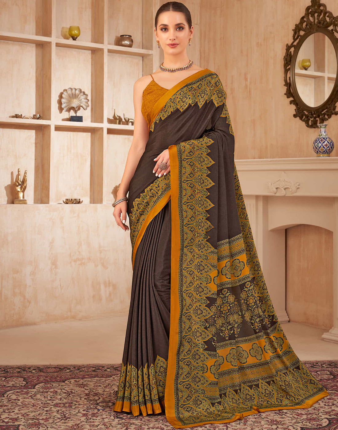 Dark Brown Silk Printed Saree