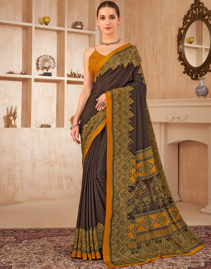 Dark Brown Silk Printed Saree