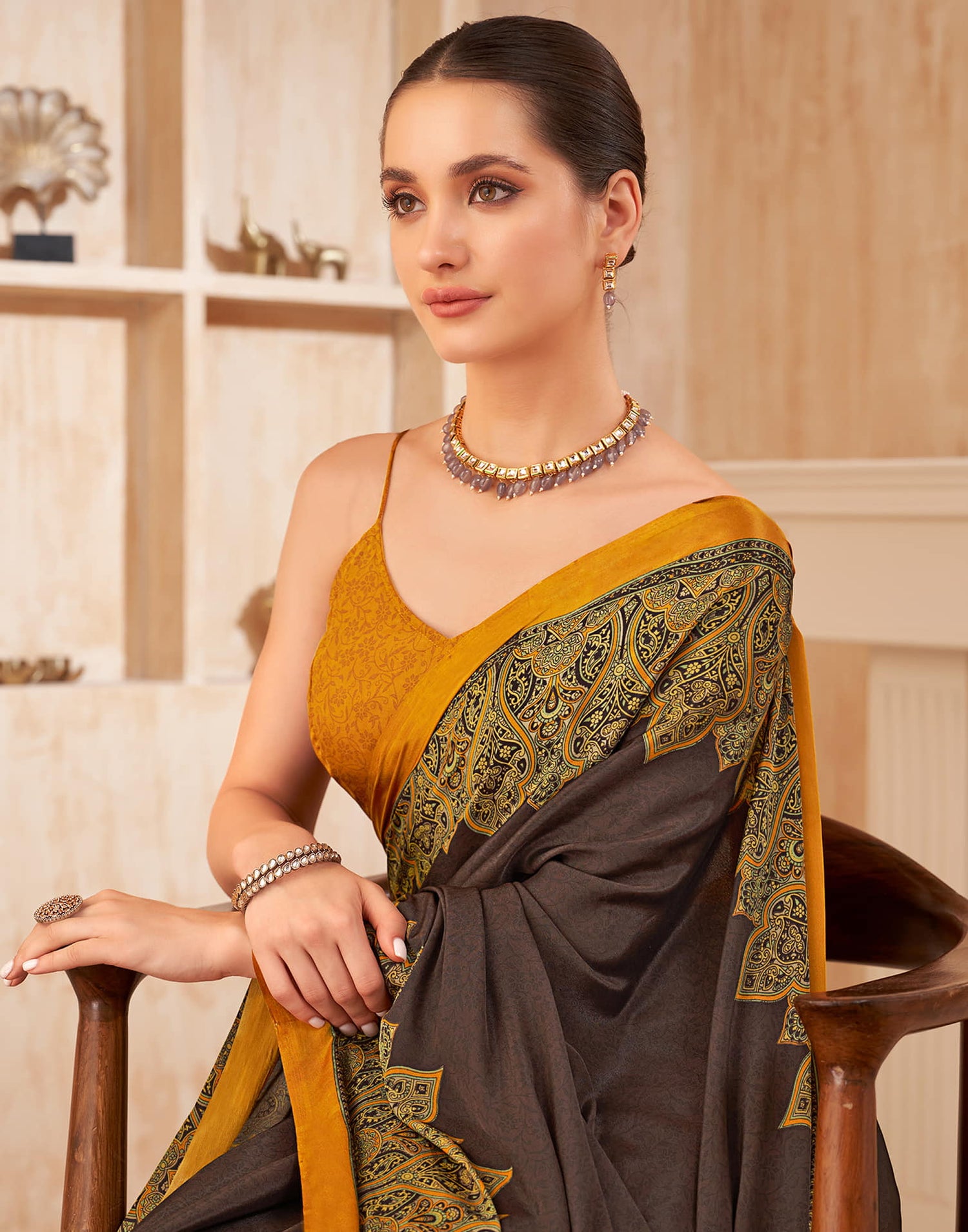 Dark Brown Silk Printed Saree